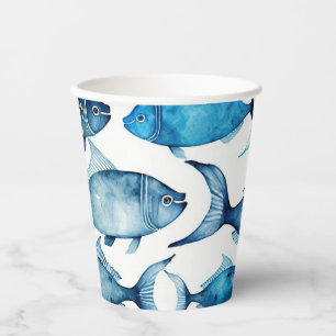 Gobelets En Papier Motif de poisson marine bleu aquarelle. Animal mar