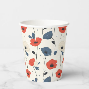 Gobelets En Papier Motif de Poppies d'aquarelle - Rouge, Bleu et Blan