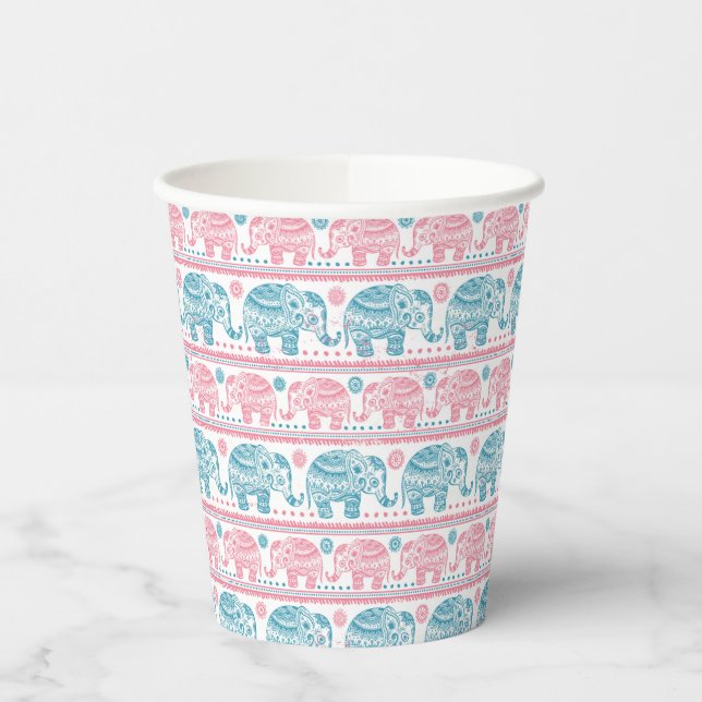 Gobelets En Papier Motif d'éléphants ethniques rose et Turquoise (Gauche)
