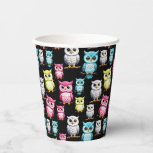Gobelets En Papier Motif d'oiseaux de hibou colorés sur fond noir 
