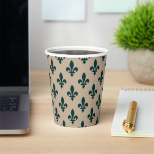 Gobelets En Papier Motif Fleur de Lis, Vert Royal Français sur Crème