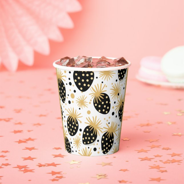 Gobelets En Papier Motif fraise noir et or (Insitu)
