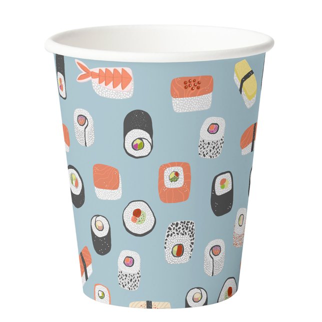 Gobelets En Papier Motif japonais de sushi bleu (Fun Japanese sushi food art pattern blue paper cups)