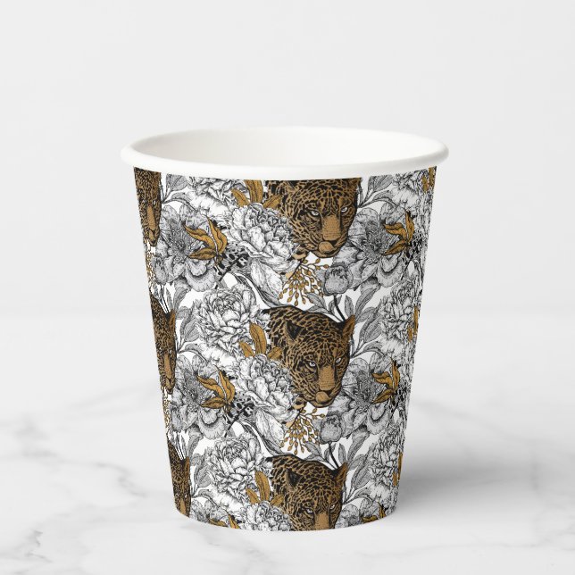 Gobelets En Papier Motif Leopard & Peonies (Recto)