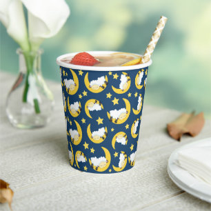 Gobelets En Papier Motif mouton, Mouton couché, Lune, Étoiles