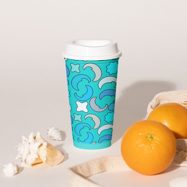 Gobelets En Papier Motif Nuages Lune Bleue (blue moon mid night stars, half moon kids birthday party supplies, paper cups, cartoon pattern art)