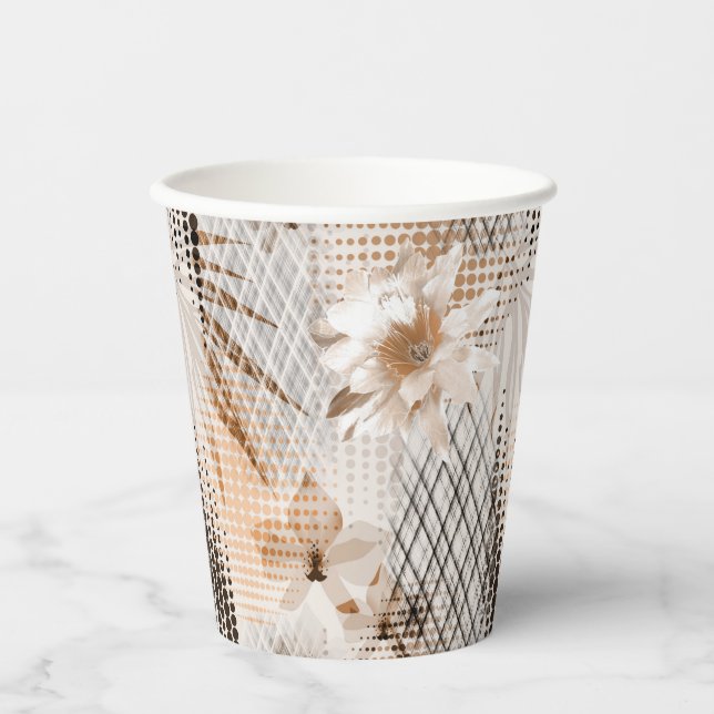 Gobelets En Papier Motif tropical gris, beige. (Recto)