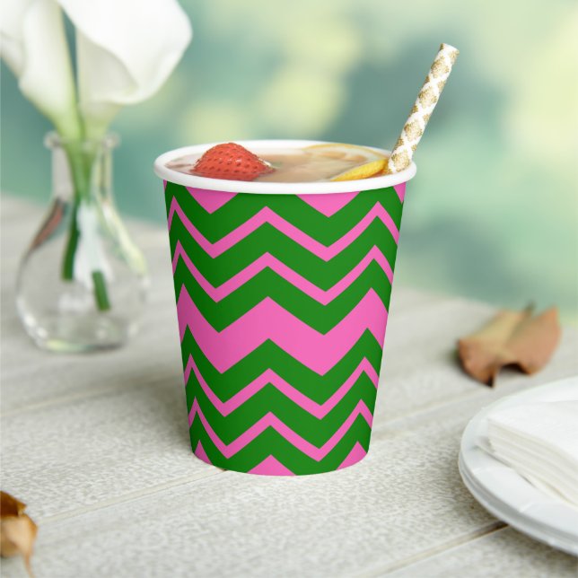 Gobelets En Papier Motif Zigzag Chevron Rose Vert  (Insitu)