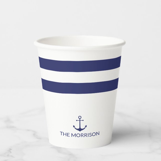 Gobelets En Papier Nautical Boat Name marine bleu blanc rayures d'anc (Recto)