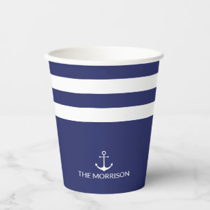 Gobelets En Papier Nautical Boat Name marine bleu blanc rayures d'anc