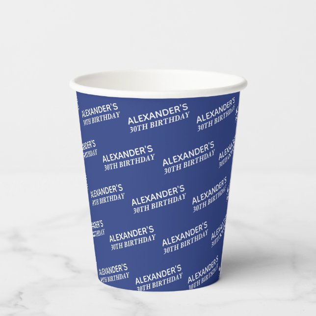 Gobelets En Papier Navy Blue 30e Anniversaire Nom  (Verso)