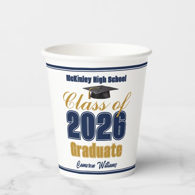 Gobelets En Papier Navy Blue Gold Class of 2026 Graduation Party (Recto)