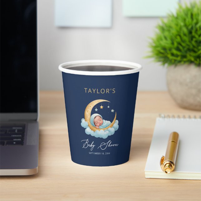 Gobelets En Papier Navy Moon Stars Celestial Baby Shower Paper Cups (Insitu)