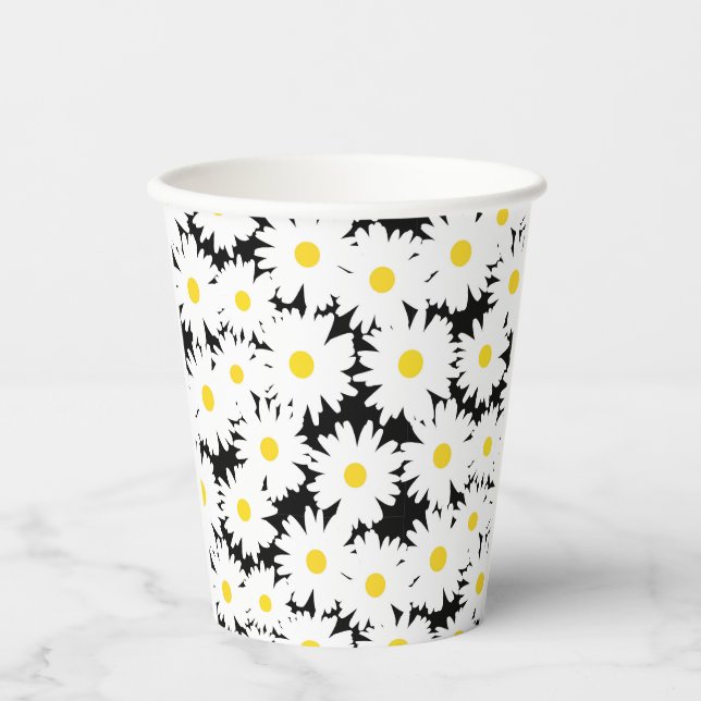 Gobelets En Papier Négative Space Daisies blanc jaune sur noir (Recto)