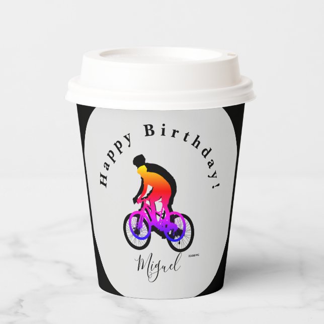 Gobelets En Papier Neon Bicycle Rider Joyeux Coupes de papier d'anniv (Recto)