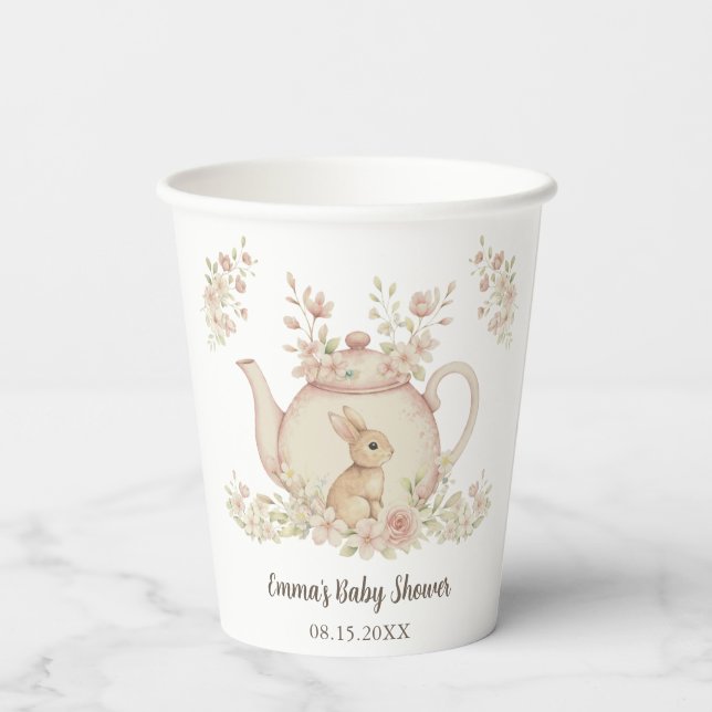Gobelets En Papier Neutral Bunny & Floral Teapot Baby Shower  (Verso)