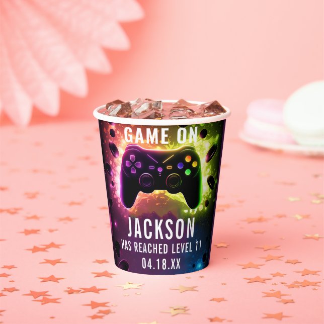 Gobelets En Papier Niveau supérieur ! Jeu vidéo Neon fête d'anniversa (Insitu)