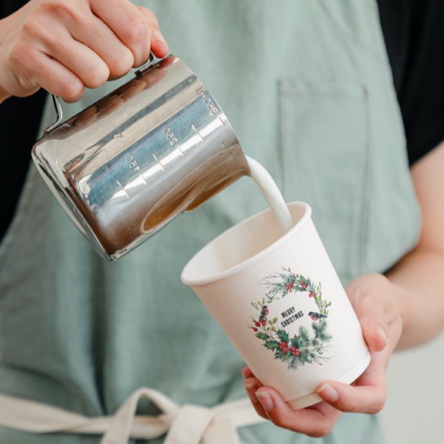 Gobelets En Papier Noël Berries Wreath Joyeux Noël Typographie (Créateur téléchargé)