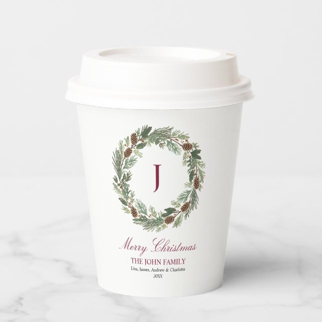Gobelets En Papier Noël de la couronne de pin rustique (Recto)
