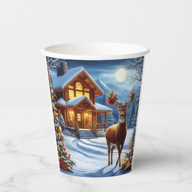 Gobelets En Papier Noël/Hiver Deer Lodge (Recto)