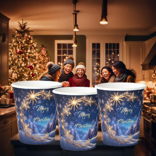 Gobelets En Papier Noël magique - flocons de neige dorés, photo