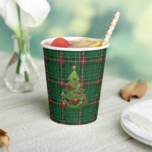 Gobelets En Papier Noël Plaid Green, Rouge