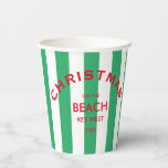 Gobelets En Papier Noël Sur La Plage Custom Green Cabana Stripe<br><div class="desc">Ces tasses en papier de Cabane verte sur la plage personnalisées sont parfaites pour vos fêtes de Noël, les célébrations et la réunion à la maison de plage ou sur la plage... Bandes de cabane vert avec logo de plage personnalisé rouge. Personnalisez avec l'emplacement de la plage et l'année. L'ajout...</div>