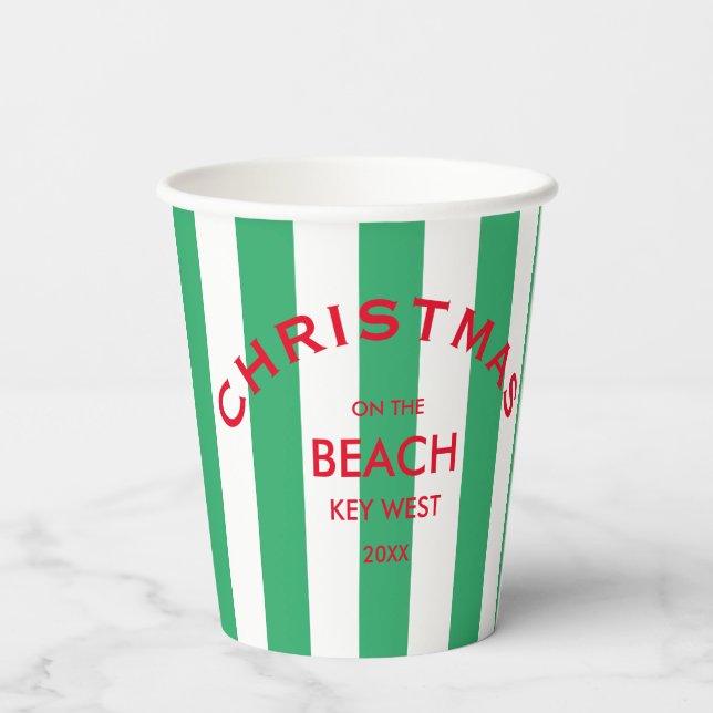 Gobelets En Papier Noël Sur La Plage Custom Green Cabana Stripe (Verso)