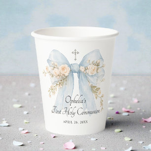 Gobelets En Papier Nœud floral bleu poussiéreux pour la première comm