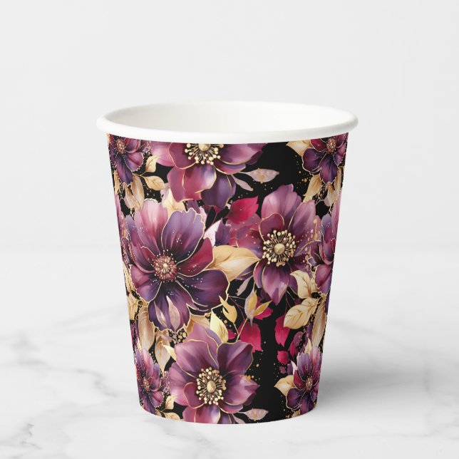 Gobelets En Papier Noir Elegant Or Bourgogne motif floral (Recto)