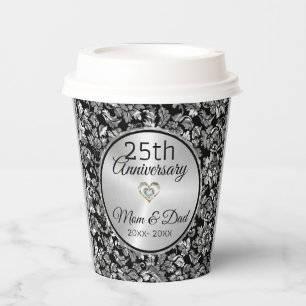 Gobelets En Papier Noir Et Argent Gris Damas 25e Anniversaire Pape