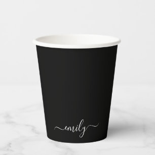 Gobelets En Papier Noir et blanc Nom du monogramme de script moderne