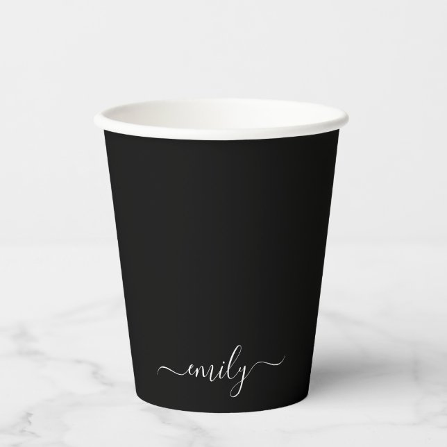 Gobelets En Papier Noir et blanc Nom du monogramme de script moderne (Recto)