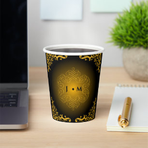 Gobelets En Papier Noir et or avec éléments décoratifs