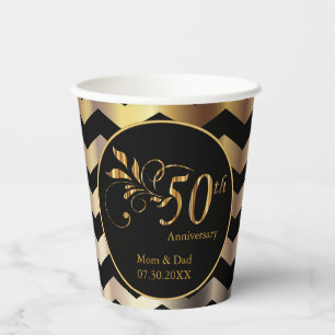 Gobelets En Papier Noir et Or Chevron 50e Anniversaire de Mariage