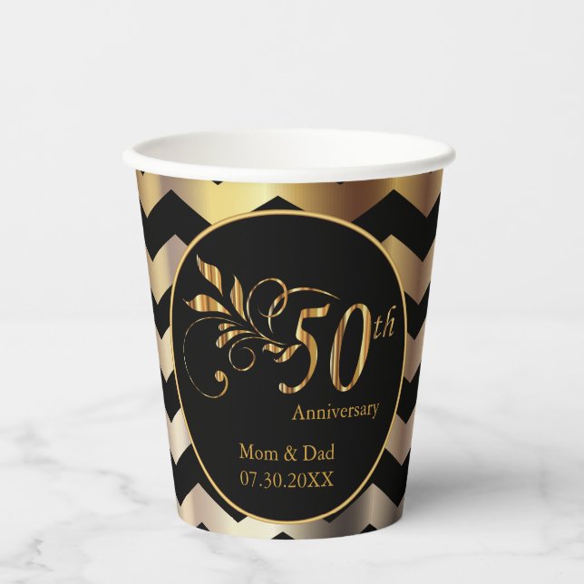 Gobelets En Papier Noir et Or Chevron 50e Anniversaire de Mariage (Recto)