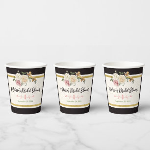 Gobelets En Papier Noir, ivoire, or Fête des mariées florale