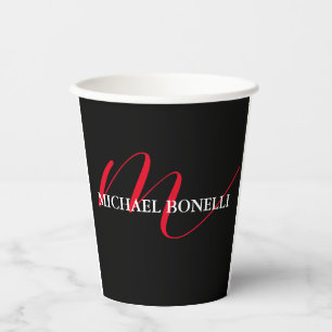 Gobelets En Papier Noir moderne rouge monogramme professionnel