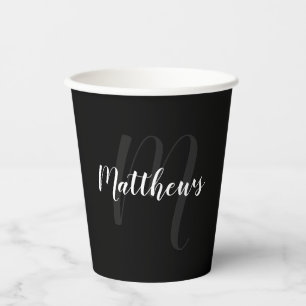 Gobelets En Papier Noir Personnalisé Script moderne Monogramme et no