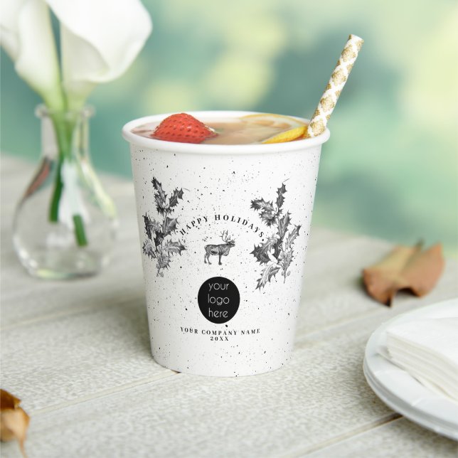 Gobelets En Papier Noir Rustique Blanc Vacances Affaires Logo Noël (Insitu)