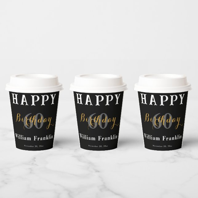 Gobelets En Papier Noir solide 60e fête d'anniversaire 8oz (Multi)