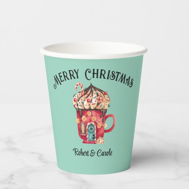 Gobelets En Papier Nom, Joyeux Noël Magique Candy House 8oz (Recto)