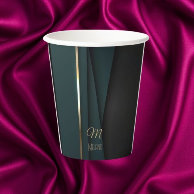 Gobelets En Papier Nom Monogramme Élégant Luxueux Vert Foncé Or (Créateur téléchargé)