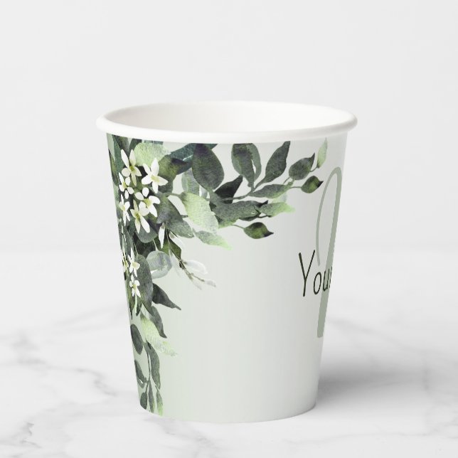 Gobelets En Papier Nom Monogramme Floral de Feuillage Eucalyptus (Recto)