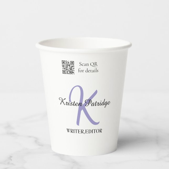 Gobelets En Papier Nom monogramme violet écrivain modifier code QR en (Recto)