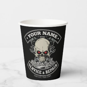 Gobelets En Papier Nom personnalisé Biker Mécanique Skull Motorcycle