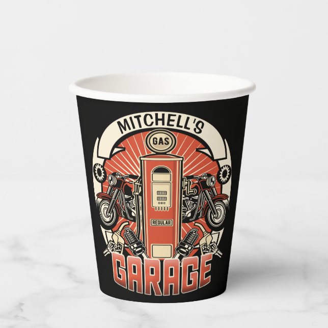 Gobelets En Papier Nom personnalisé Garage moto moto pompe à gaz rétr (Recto)