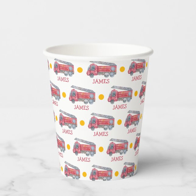 Gobelets En Papier Nom personnalisé Red Fire truck Party (Verso)