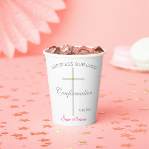 Gobelets En Papier Nom rose de confirmation Croix or argent