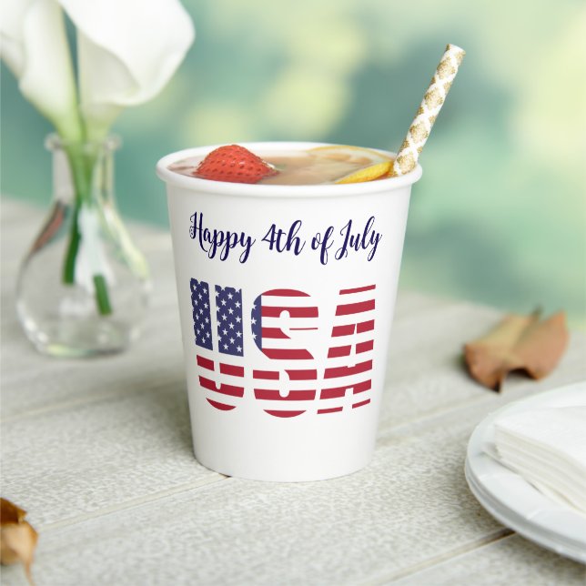 Gobelets En Papier Nom, USA Drapeau Stencil Happy 4th 8oz or 12oz Par (Insitu)